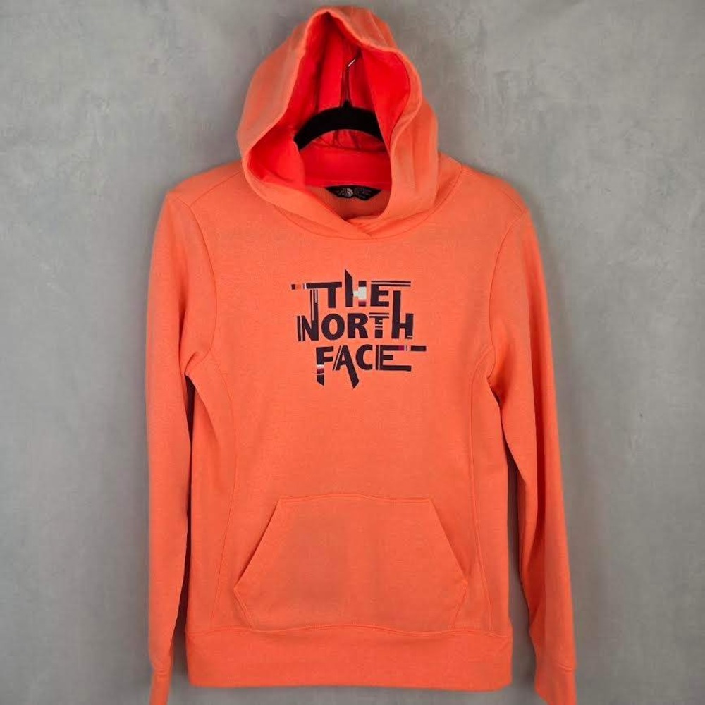 The North Face Womens Hoodie Orange Peach Logo Pullover M Sweatshirt Spell Out